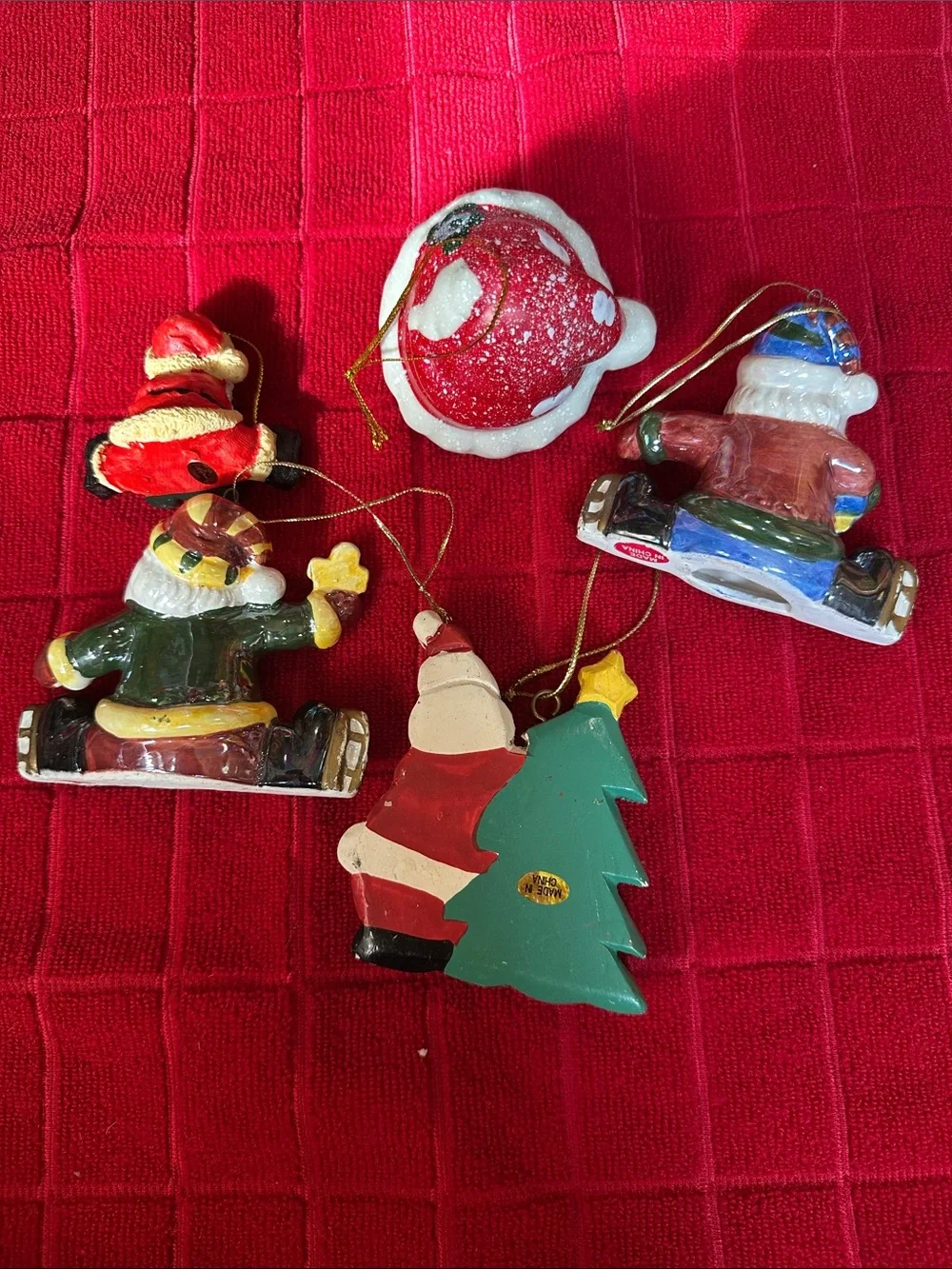 5 Santa Christmas Ornaments Ice Skating Ceramic Resin Bell Holiday Lot Vintage